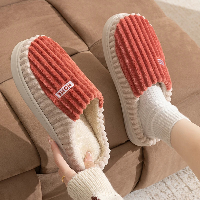 Cotton Slippers Women Men Winter Home Striped Warm Anti Slip Slides