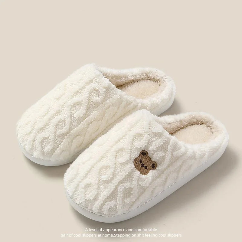 Winter Fluffy Shoes Women Cotton Slippers Cartoon Bear Thick Sole Zpaxo white 44-45