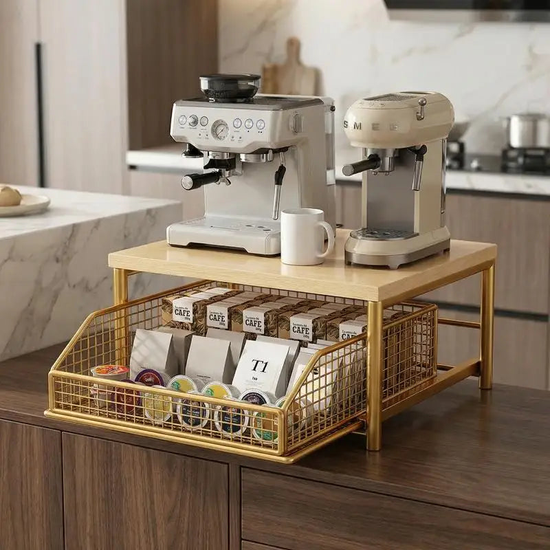 Microwave Rack Solid Wood with Metal Frame Kitchen Storage Stand Durable Organization Shelf for Countertops Zpaxo
