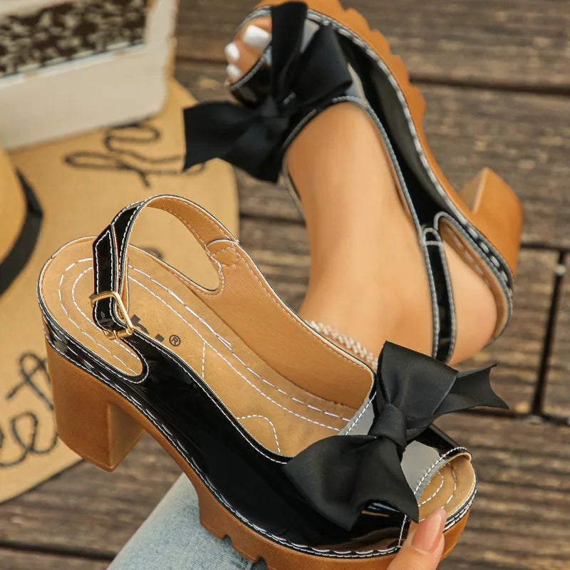 2026 Fashion Bow Decorated Women's High-heeled Sandals Summer Casual Zpaxo black 38