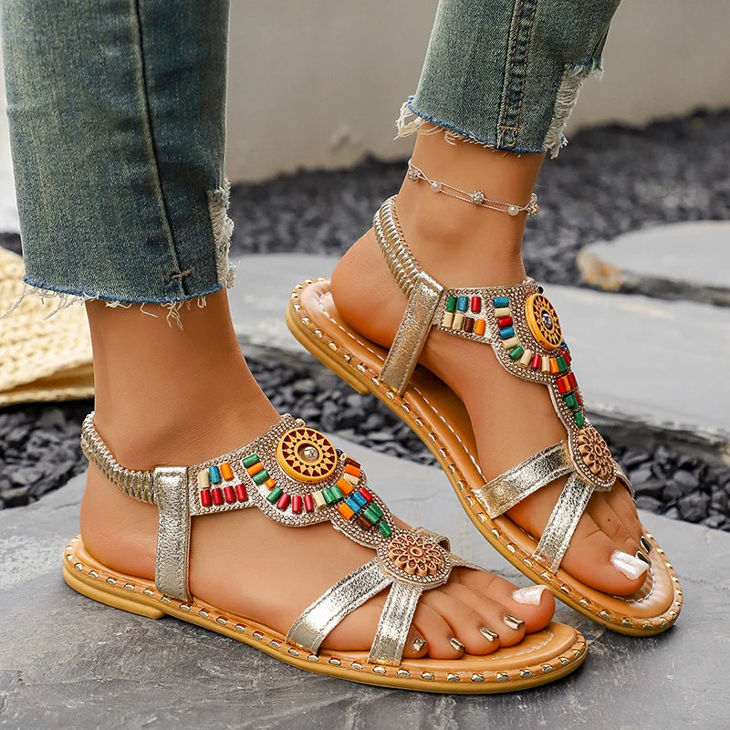 2026 Women Sandals Bohemian Sandals Outdoor Soft Sole Beach Sandals Platform Lightweight Casual Women Shoes Flat Plus Size Shoes Zpaxo Gold 37