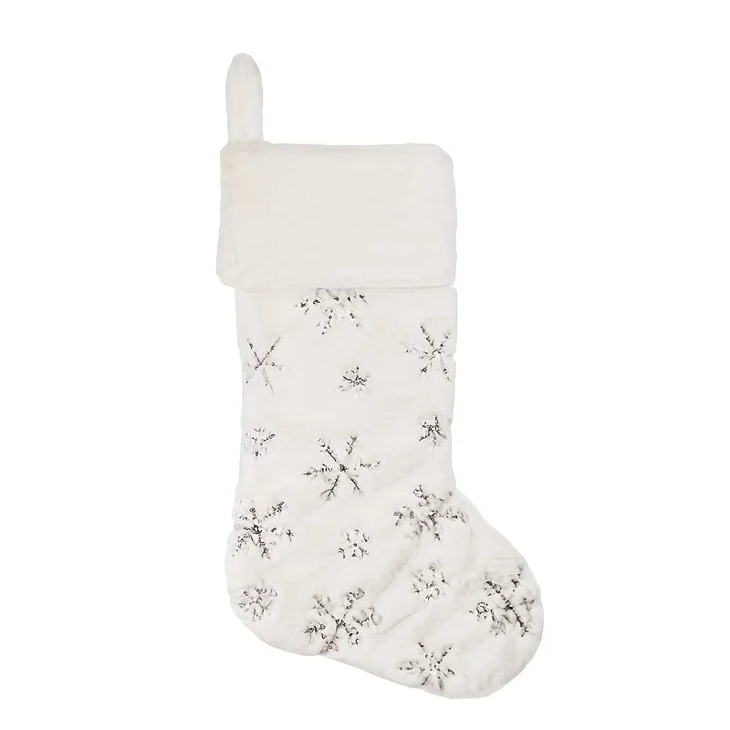 Christmas Stocking Plush Faux Fur Sock Snowflake Sequins Holiday Tree