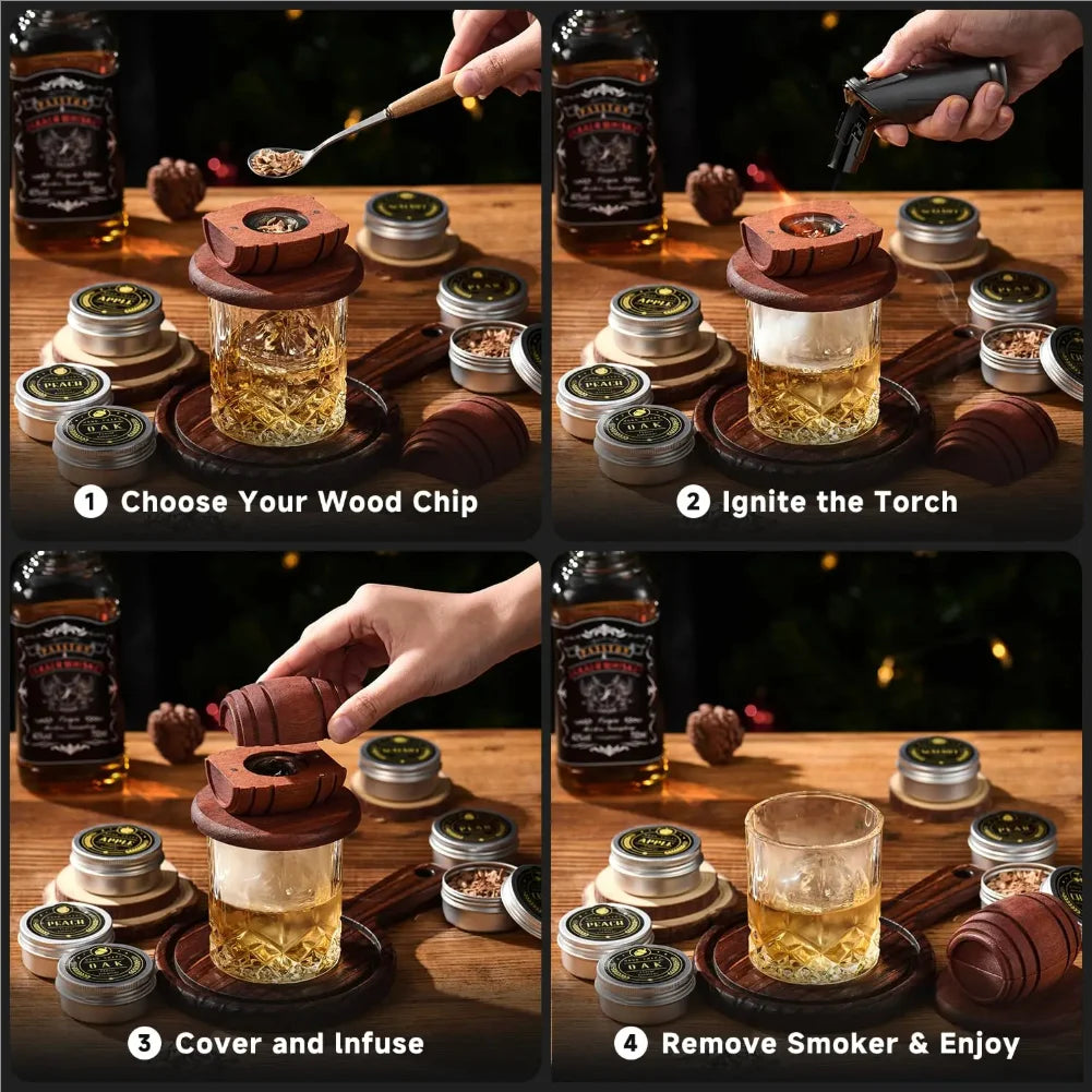 Cocktail Barrel Smoker Set Wood Hood Smoker With4 Flavor Wood Chips Multi-Style Suits For Whiskey Bar Old Fashioned Drink Smoker Zpaxo