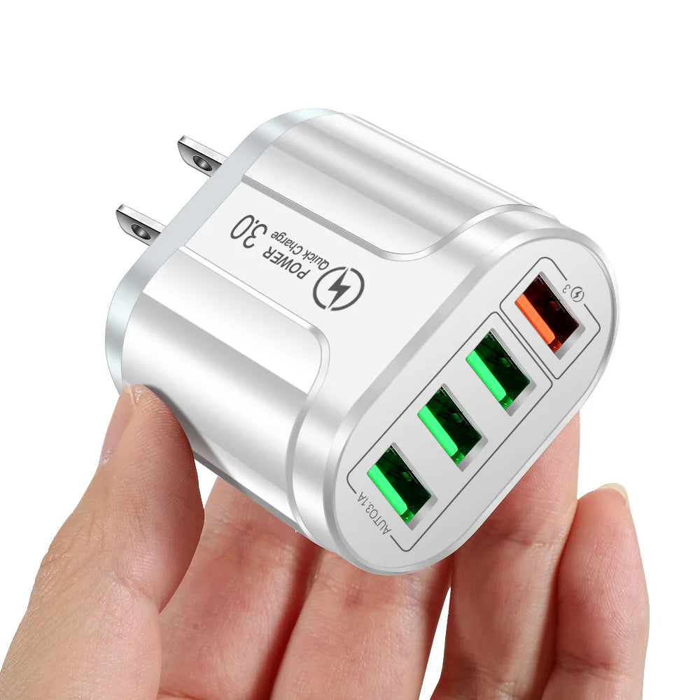 4 USB Charger Fast Charger 3A QC 3.0 Wall Charging For iPhone Samsung Huawei Xiaomi Mobile 4 Port EU US Plug Wall Phone Adapter Zpaxo US White