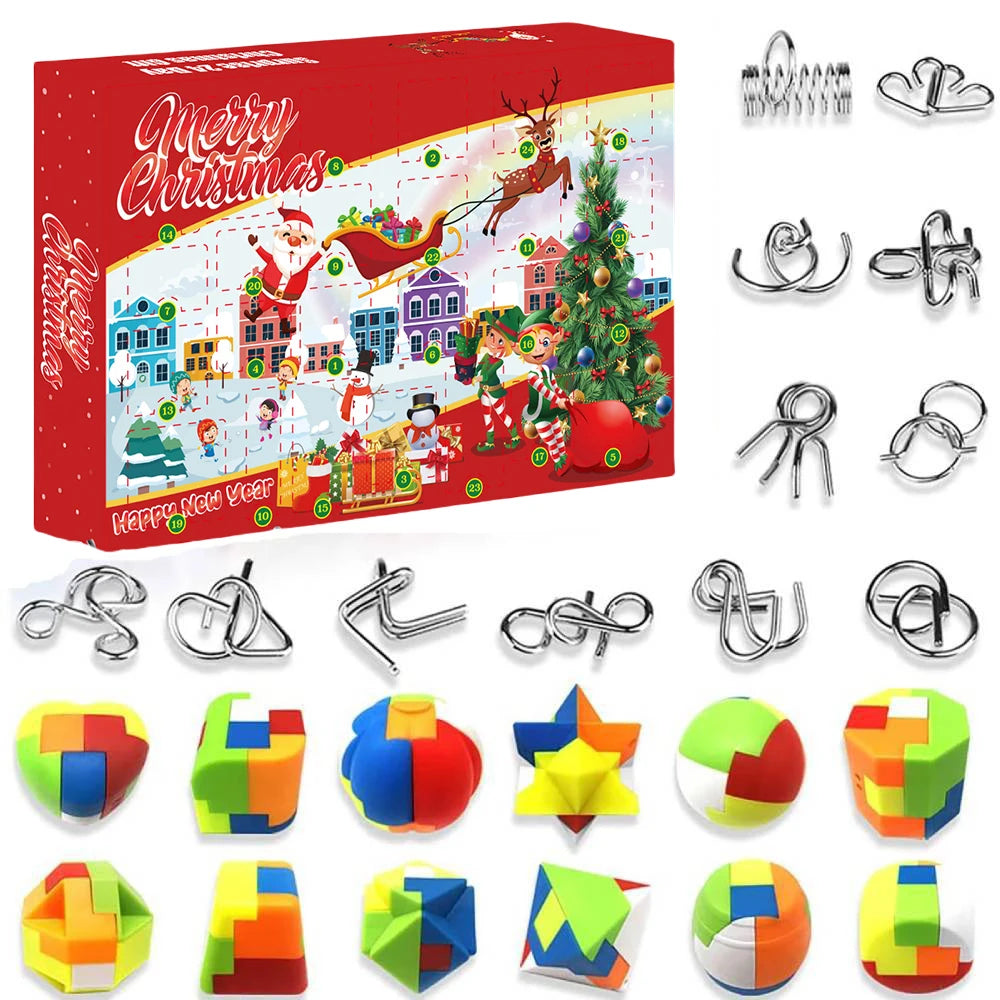 Metal Puzzle Christmas Advent Calendar Gifts Box Ruban Lock Puzzle Xmas Countdown Calendar Box Brain Teaser Fidget Toy Zpaxo