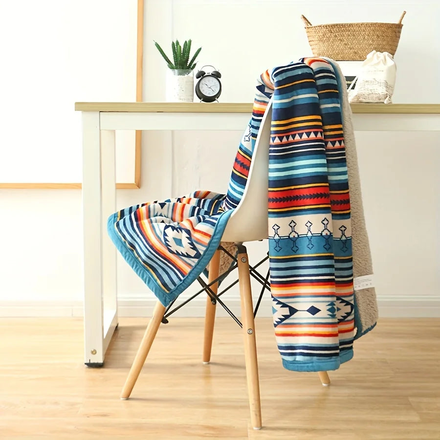 Nordic Stripe Fleece Blanket Double Layer Thick Warm Boho Sofa Bed Zpaxo