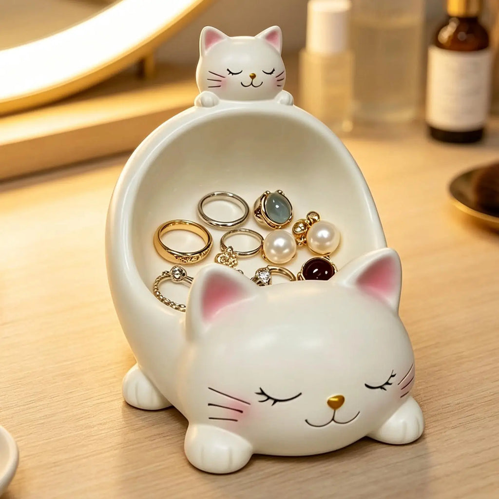 Jewelry Dish Tray Resin Cute Cat Figurine Home Decor Decorative Ring