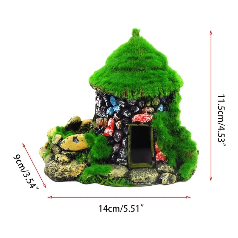 Aquarium Decoration House Resin Betta Cave Realistic Green Moss Fish