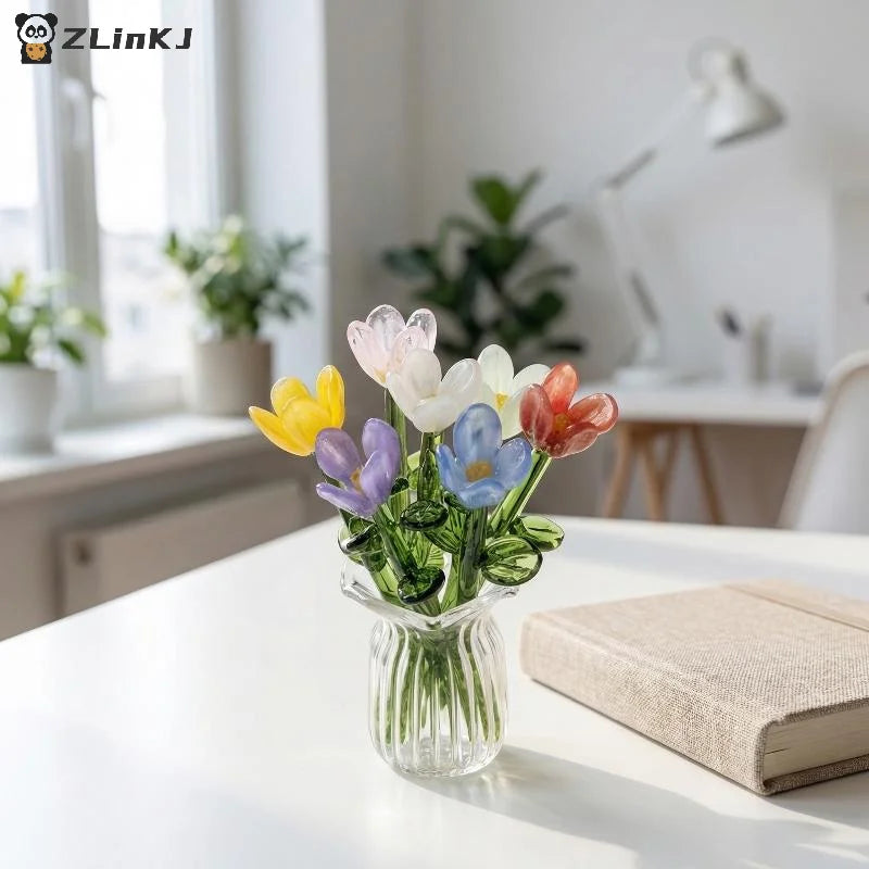 ▶Mini Lifelike Glass Flowers Simulation Flowers Handcrafted Floral Sculpture Floral Bouquet With Vase Dollhouse Decorative Model Zpaxo