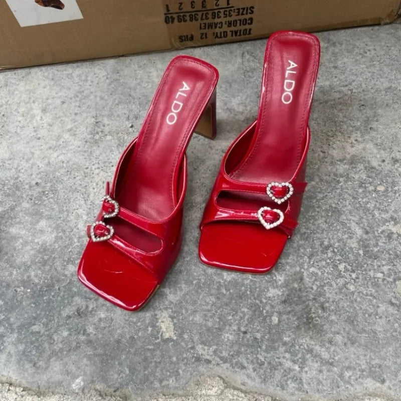 Women's Slippers 2024 New Summer Square Toe Rhinestone Buckle High Heels Casual Sexy Slim Heels Women's Cool Slippers Women's Zpaxo
