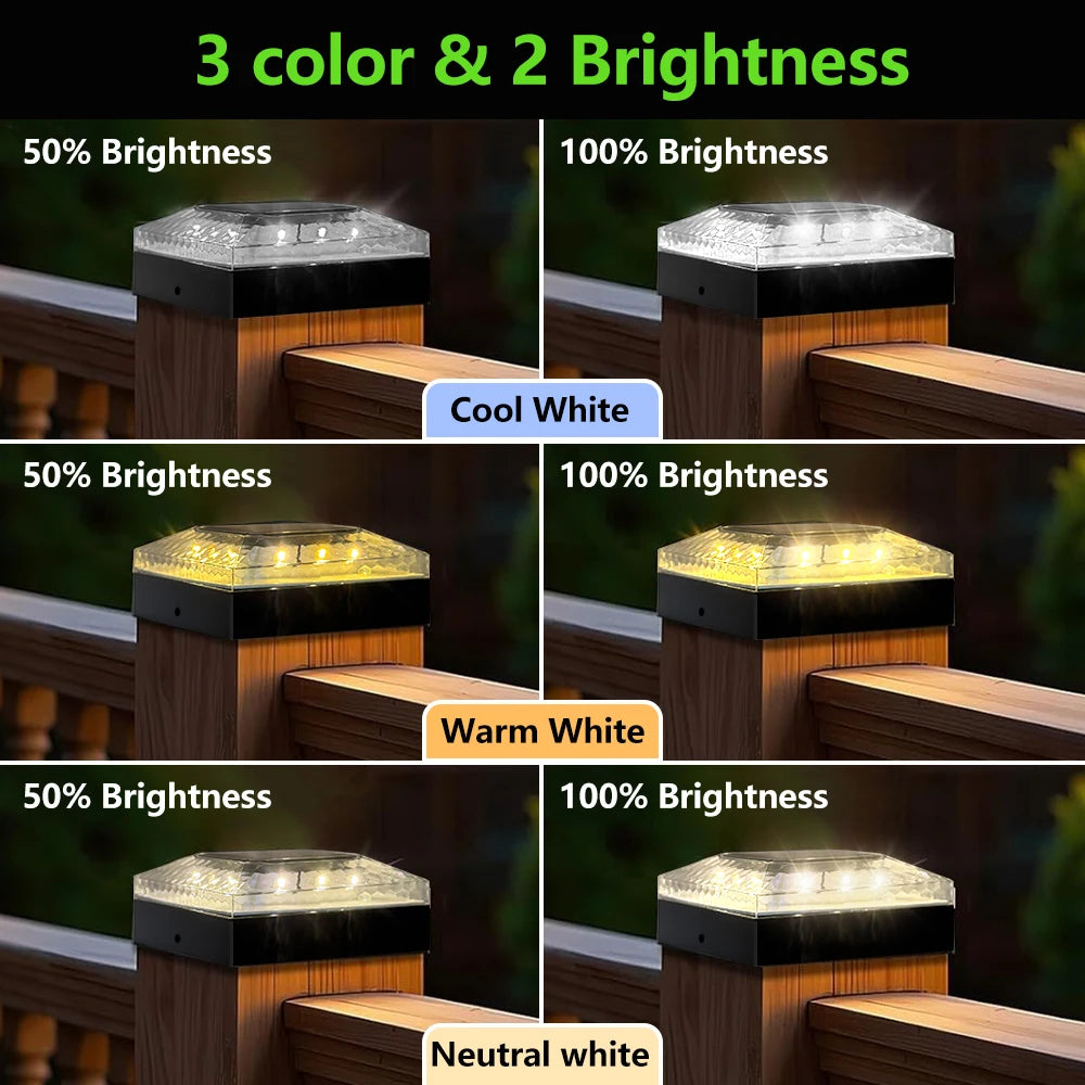 4x4 Post Solar Light 3 Colors Fence Light Solar Powered 2 Brightness Solar Post Cap Light IP65 Waterproof For Wood Post Lighting Zpaxo