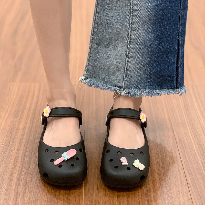 Summer Women's Cute Ballet Hole Shoes Retro EVA Outer Wear Mary Jane