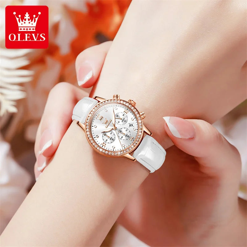 OLEVS Fashion Diamond Watches For Women Luxury Brand Rose Gold Case Ladies Quartz Watch White Leather Strap reloj para mujer Zpaxo
