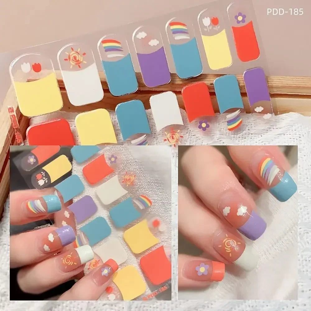 14Strips Gel Nail Stickers Full Cover Floristic Art Semi Cured Polish