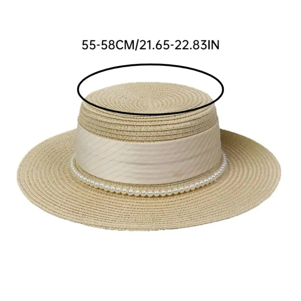French Hepburn Style Straw Hat Straw Weaving UV Protection Pearl Chain Hat Solid Color Breathable Wide Brim Hat Travel Accessory Zpaxo