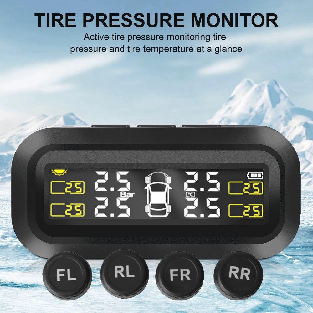 Solar TPMS Temperature Warning Fuel Save 4 External Sensors Tire