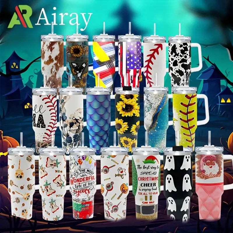 Christmas New Year gift 40oz Portable Stainless Steel Coffee Cup - Large Capacity Leopard Print Straw Water Bottle Zpaxo
