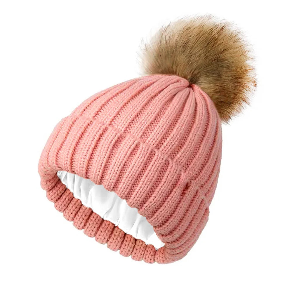 Satin-Lined Knit Beanie | Soft Pom-Pom Winter Hat Unisex
