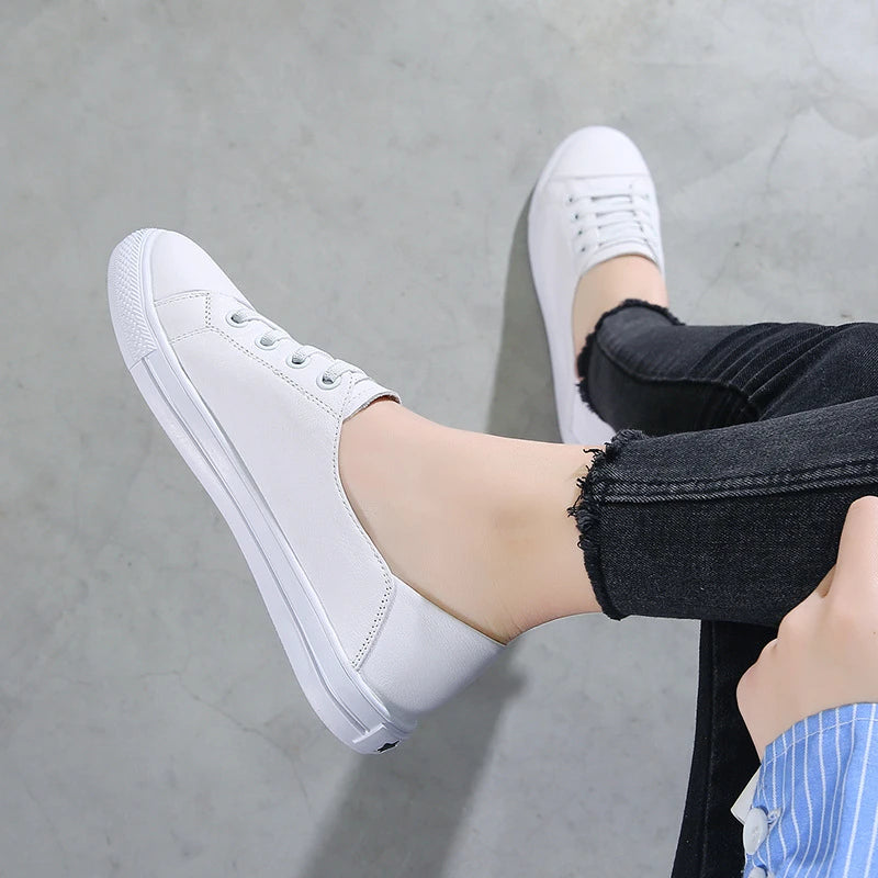 2026 Summer Leather White Sneakers Women Shallow Cut Fold Down Heel Zpaxo