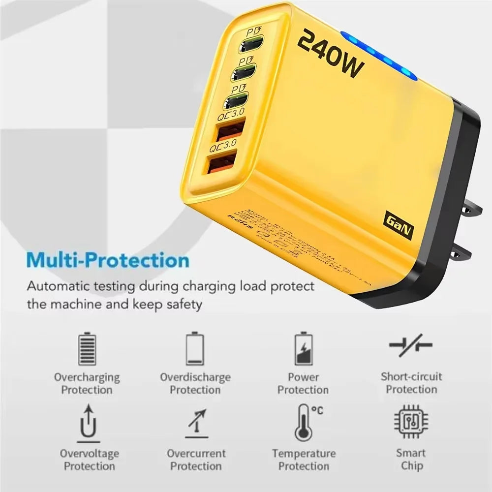 5 in 1 USB C GaN Charger 240W Fast Charging Adapter 10A USB To Type C Cable 3PD 2USB QC3.0 Charger for iPhone Samsung Xiaomi Zpaxo