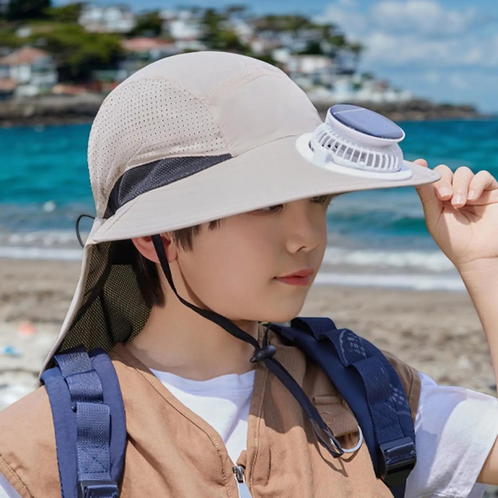 Solar Fan Sun Hat Kids Wide Brim Cooling Day Sunscreen Cap Outdoor Zpaxo