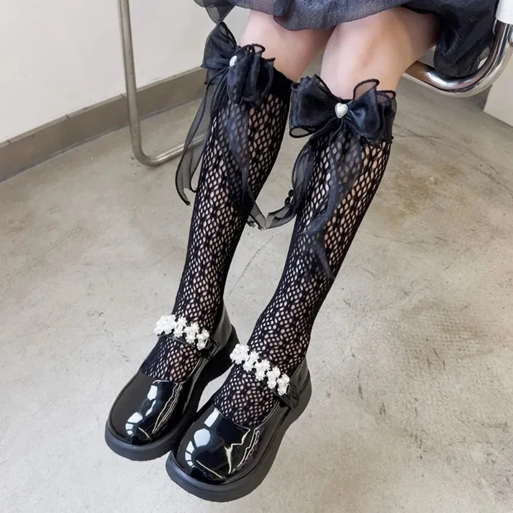 Breathable Lace Bow Over-the-knee Socks Women Sheer Mesh Elastic