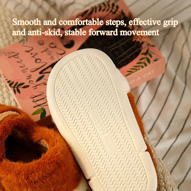 Winter Warm Cat Paw Slippers Plush Furry Loafers Closed Heel Women