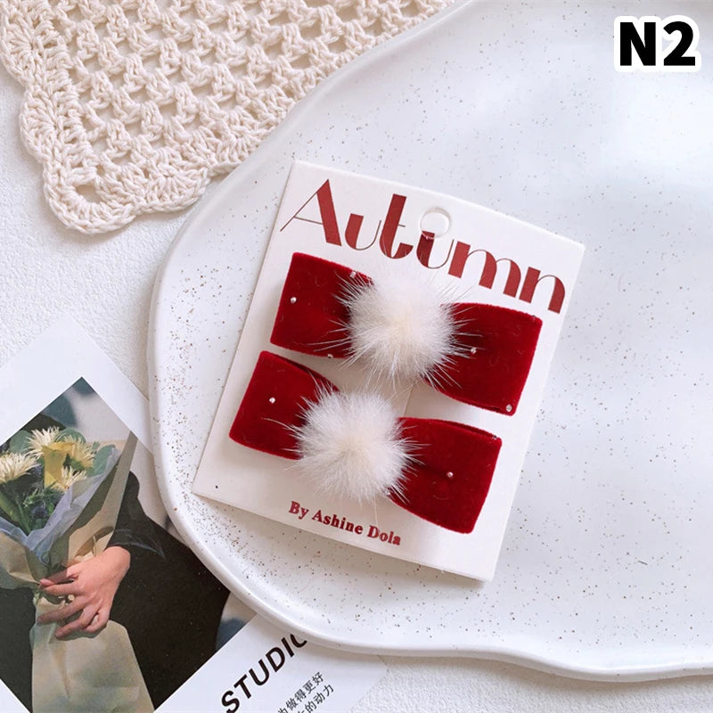Red Velvet Bow Hair Pins Alloy Heart Clips Kids Girls Pompom Zpaxo 2