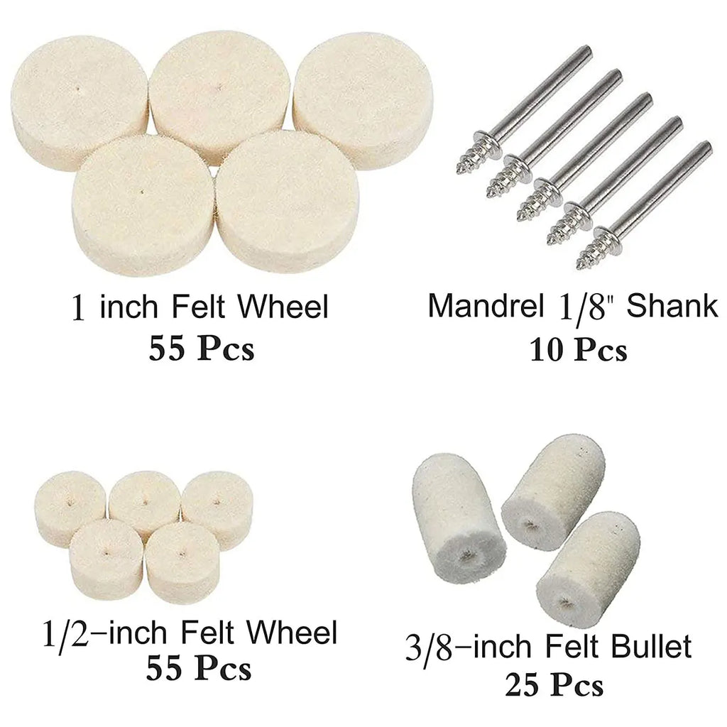 100/120/145PCS Wool Felt Grinding Sanding Head Polishing Wheel Tool Combination Set About 3mm Shank Dremel Dril for Jewelry/Gold Zpaxo 145pcs