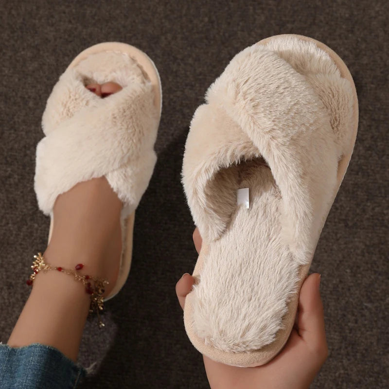 Fashion Women Fluffy Slippers Cross Band Soft Plush Cozy House Shoes