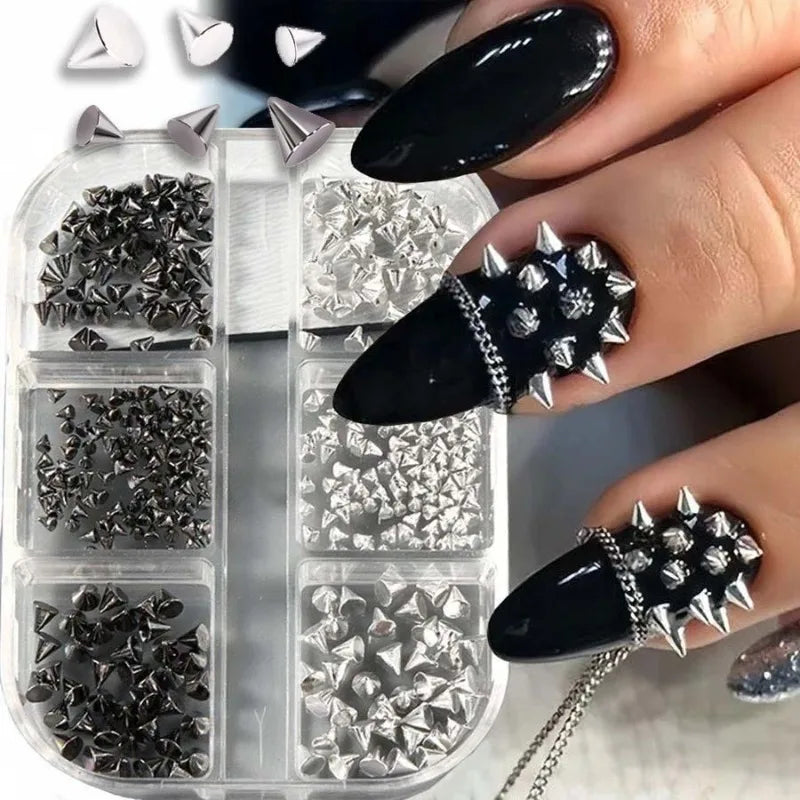 6 Grids 3D Punk Metal Nail Rivets Spikes Gold Silver Black Round Cone