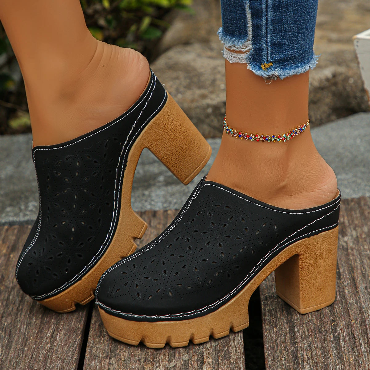 2025 Women High Heels Sandals Cover Toe Thick Heel Slippers Retro Round Toe Mules Shoes Women Comfortable Lightweight Sandals Zpaxo black 43