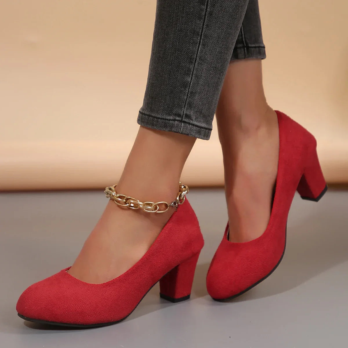 Women Pumps Comfortable Large Size Heels Women Slip-On Round Toe Shoes Fashion Elastic High Heel Single Shoes Zapatos De Mujer Zpaxo Red 35