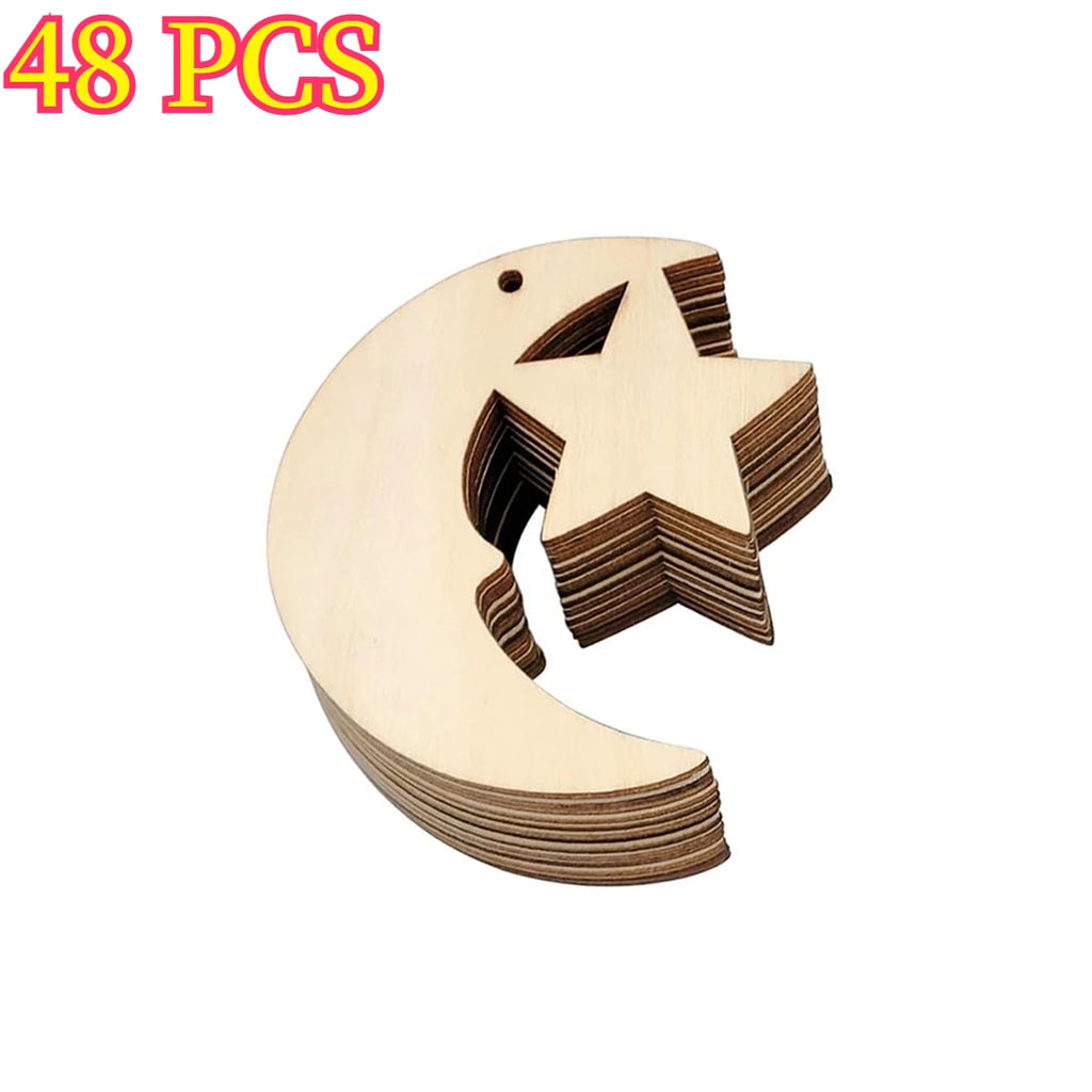 24/48 PCS Wooden Moon & Star DIY Hanging Ornaments + Hemp Rope