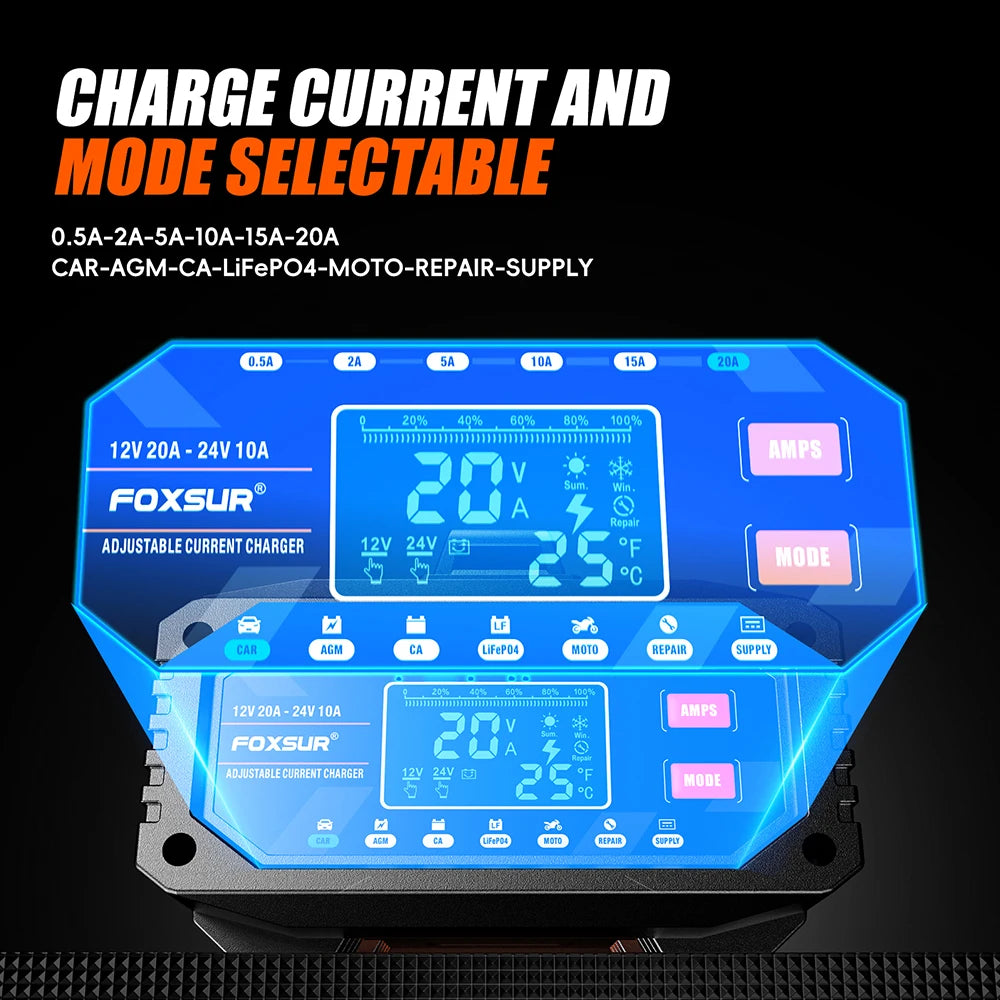 7 Stage Large Screen Digital Display Smart Battery Charger 12V 24V