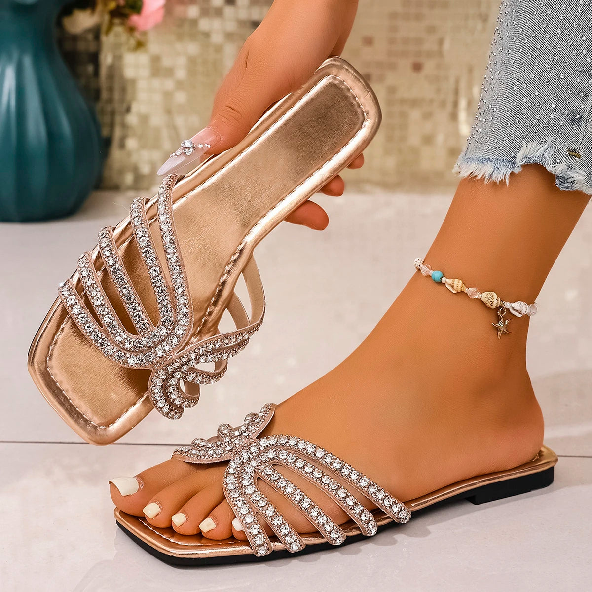 Women Slippers Shiny Rhinestone Sandals Fashion Square Toe Outdoor Zpaxo champagne 41