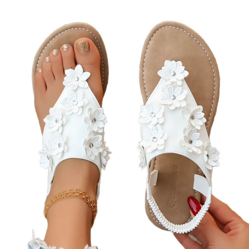 2026 Summer Flowers Sandals Women's Clip-toe Flat Heel Casual Beach
