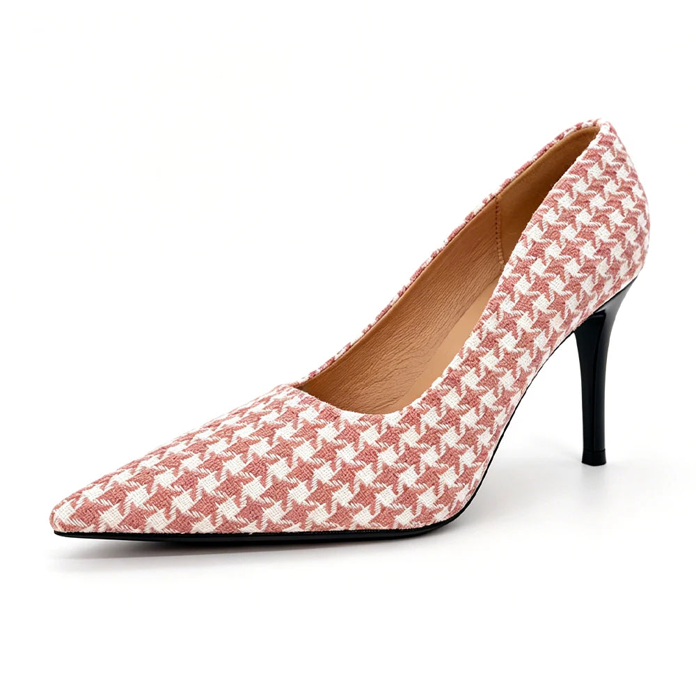 Women's Pink Houndstooth 9cm Heels – Vintage Plaid Pumps