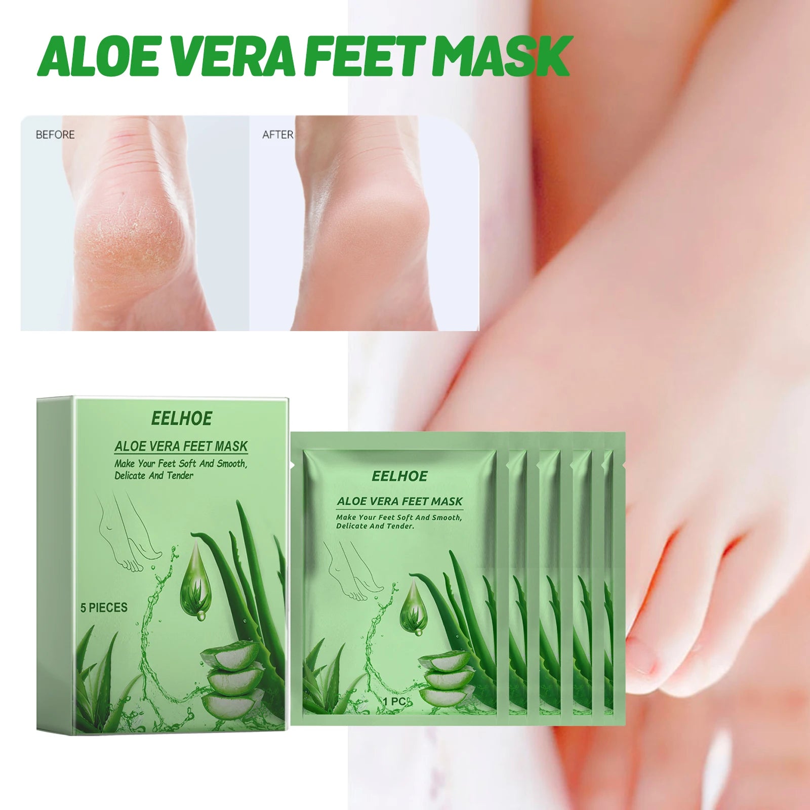 Aloe Vera Feet Mask Moisturizing Exfoliating Feet Mask Anti Drying Crack Remove Dead Skin Hydrating Foot Skin Care Foot Mask Zpaxo 1BOX-5PCS