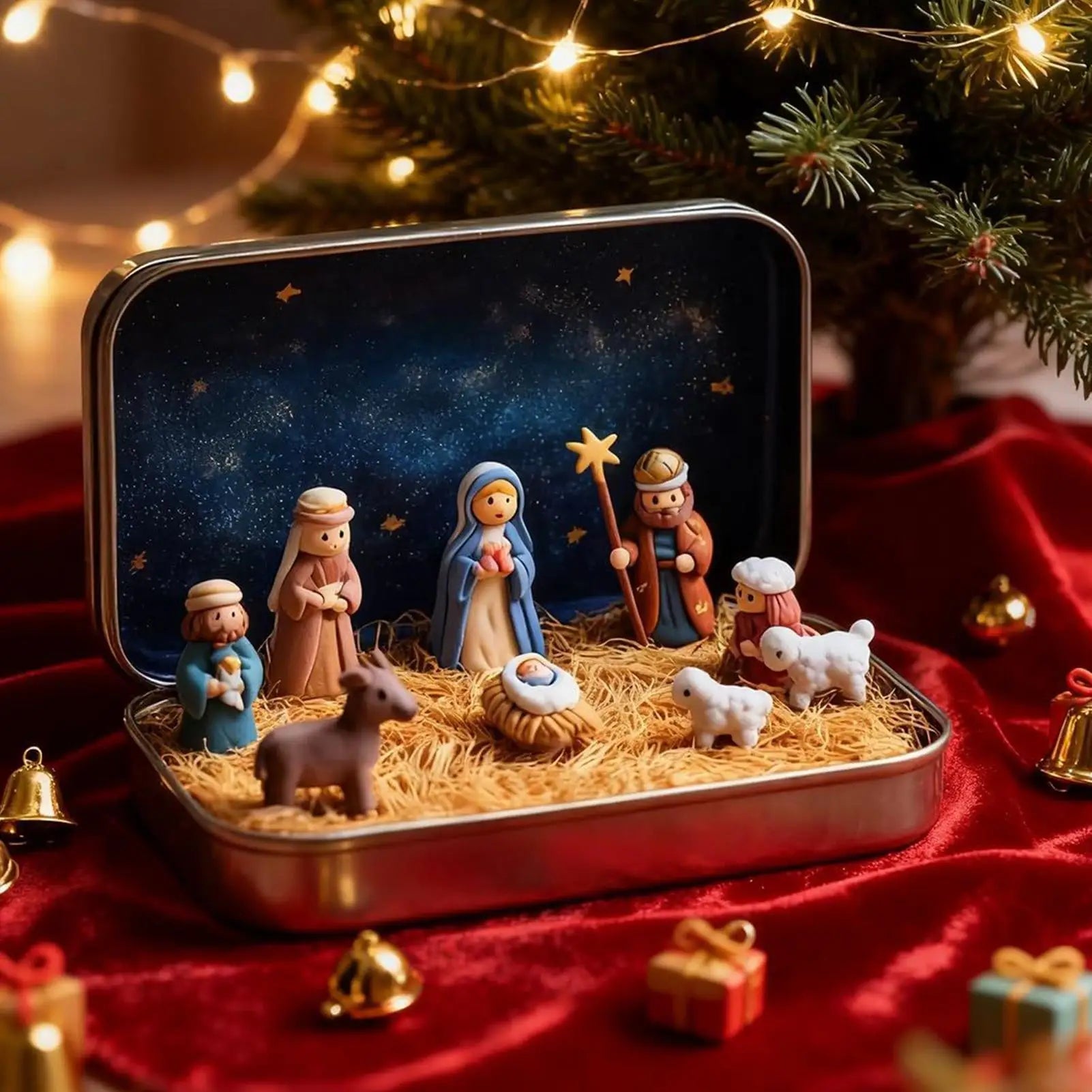 Tin Box Nativity Portable Mini 3D Holy Figurines Religious Ornament