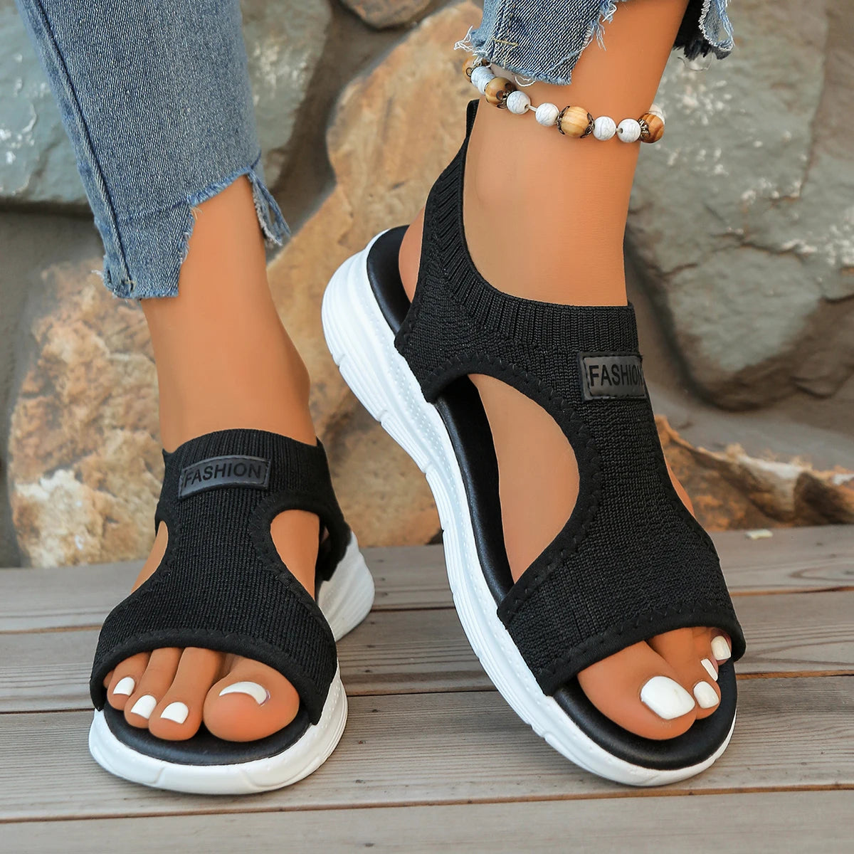 Women Sandals 2026 Knit Elastic Cloth Wedge Slip Lightweight Walking Zpaxo black 40