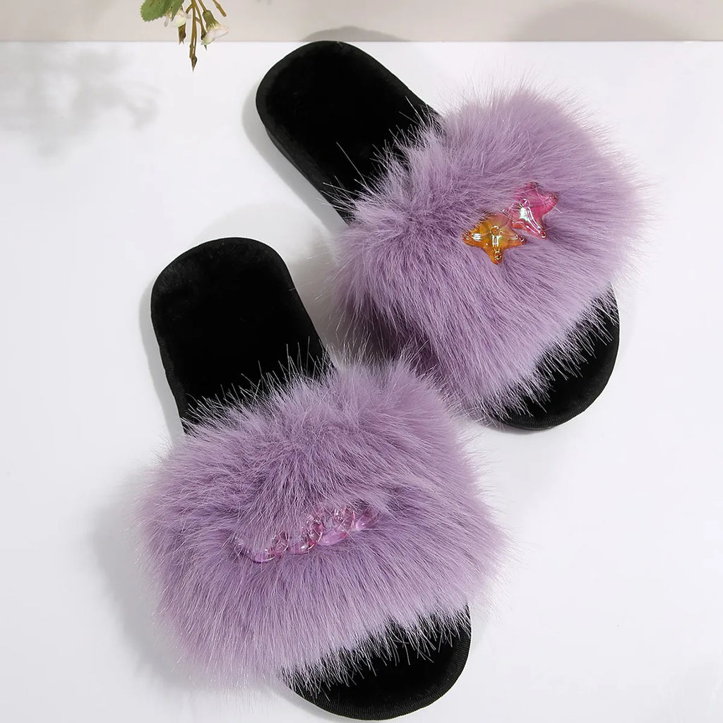 Women Summer Casual Fluffy Slippers Fur Flat Non-slip Furry Large Zpaxo