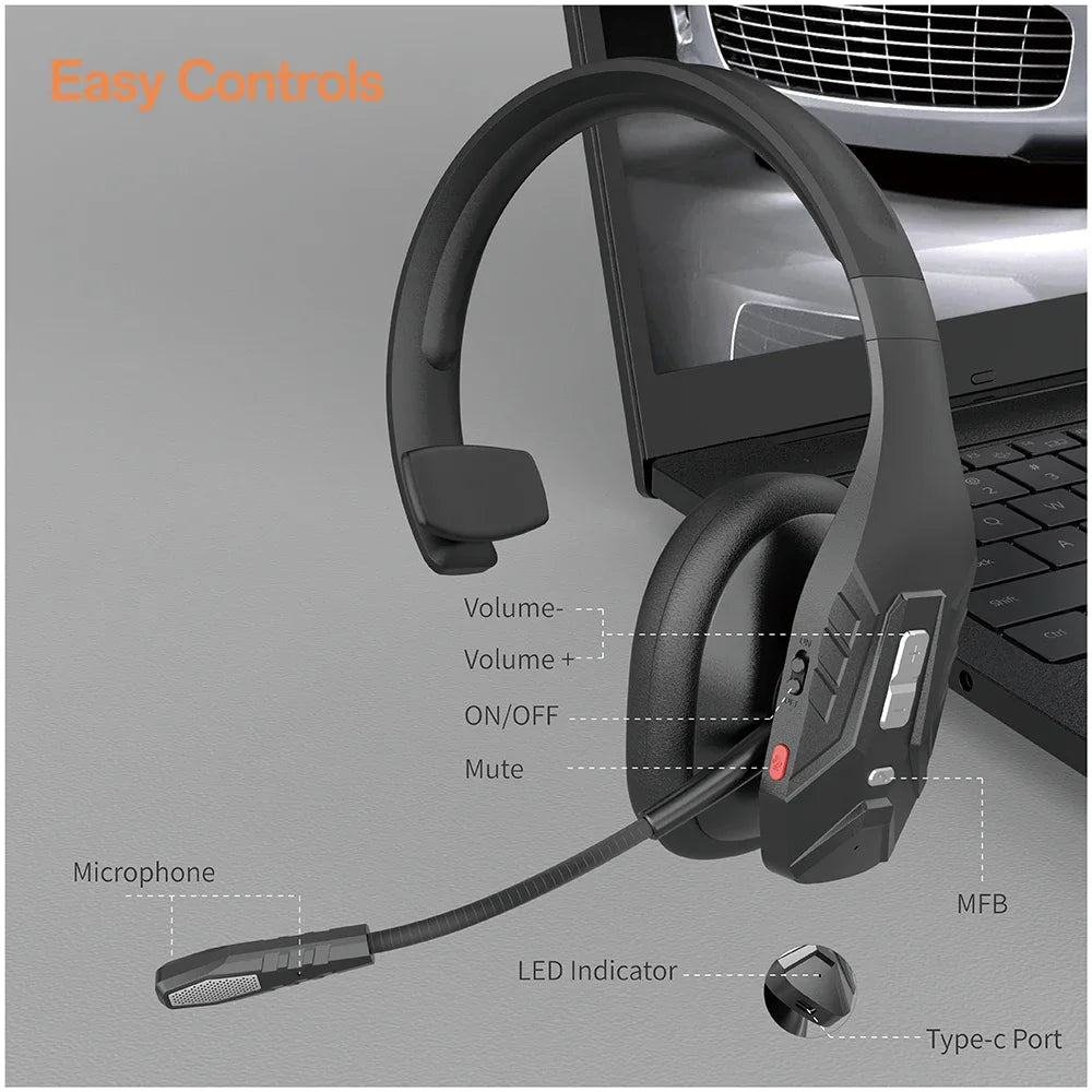 Trucker Bluetooth Headset Tri-mic Noise Cancelling Mute Button 65Hrs