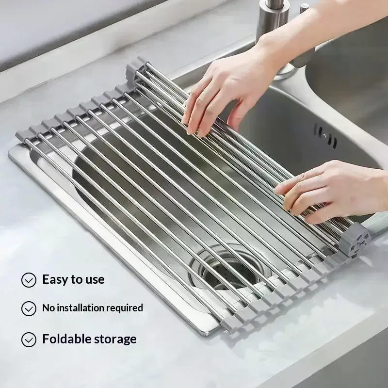 Roll-Up Stainless Steel Dish Drying Rack – Foldable Drain Mat Dish Drying Rack Zpaxo