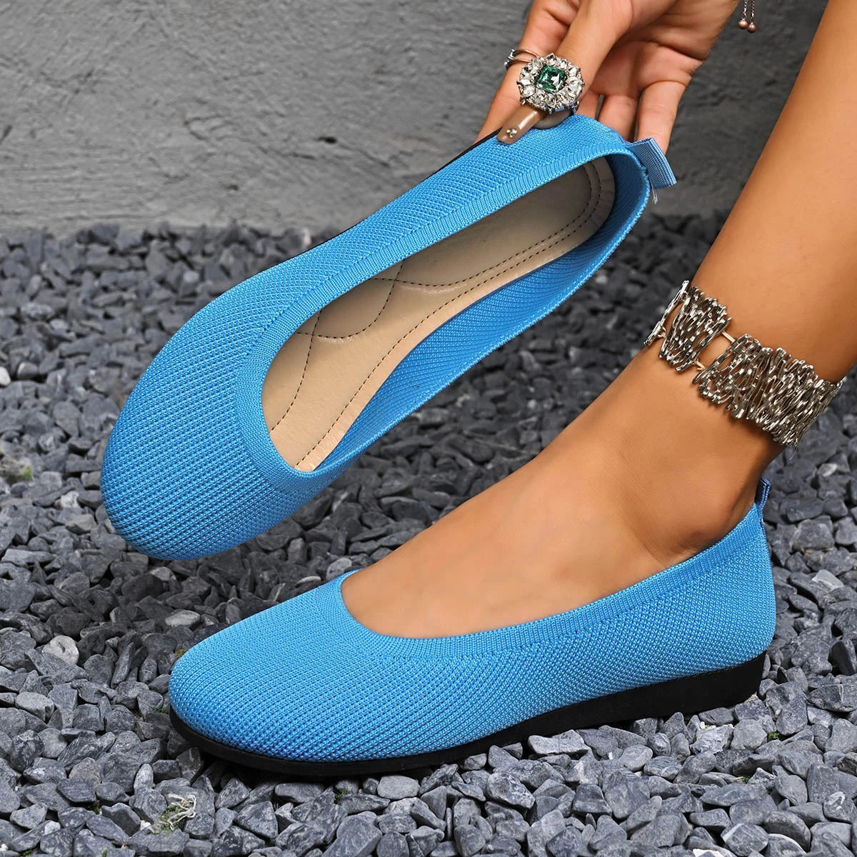 Spring Women Flats Shoes Round Toe Plus Size Light Shoes Knitting Sock Sneakers Breathable Slip on Shoes Female Zapatos De Mujer Zpaxo SKY BLUE 36