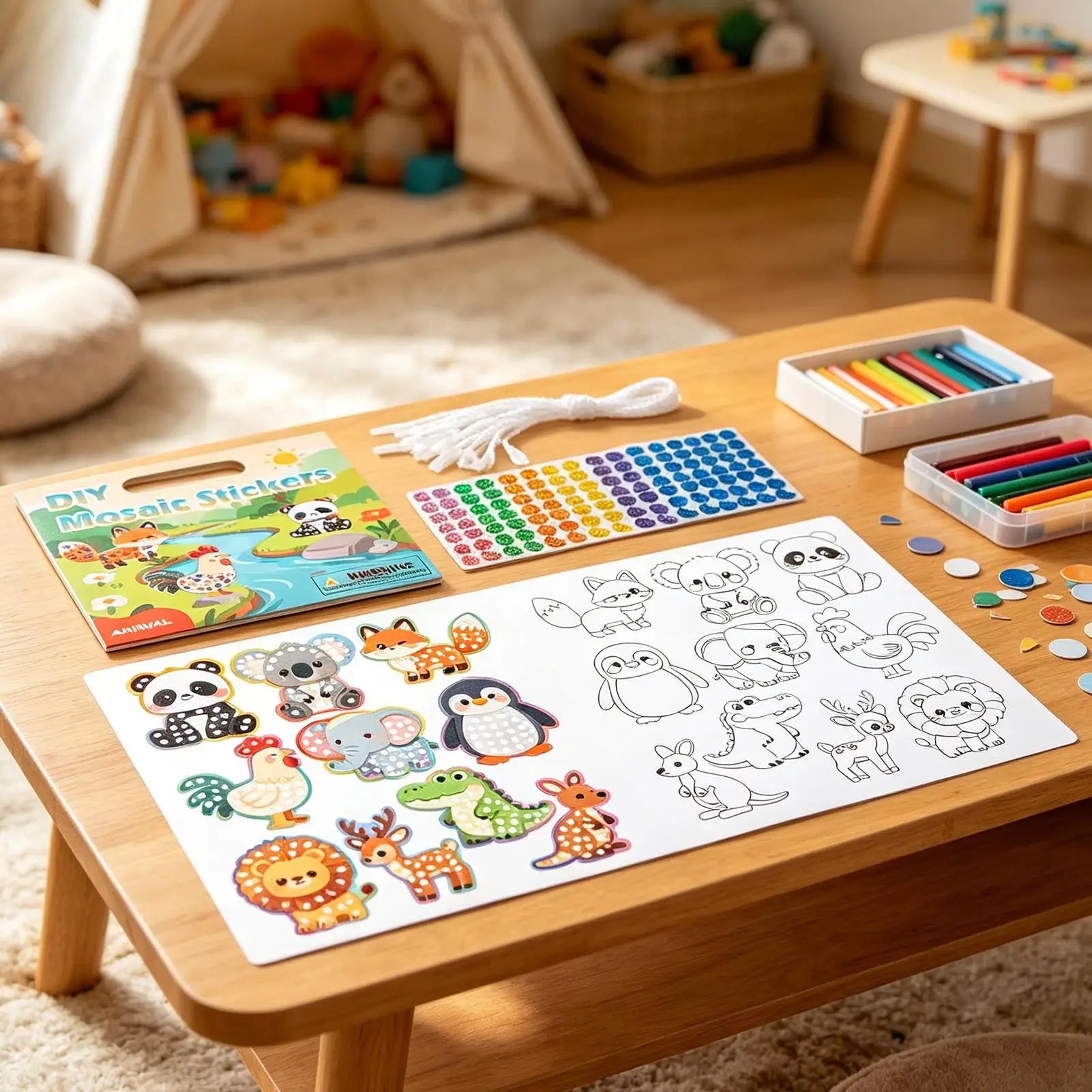 Cute Stickers For Kids 2-in-1 Funny DIY Mosaic Learning Craft Kits Cute Animal Stickers Coloring Set For Boys Girls Home Bedroom Zpaxo