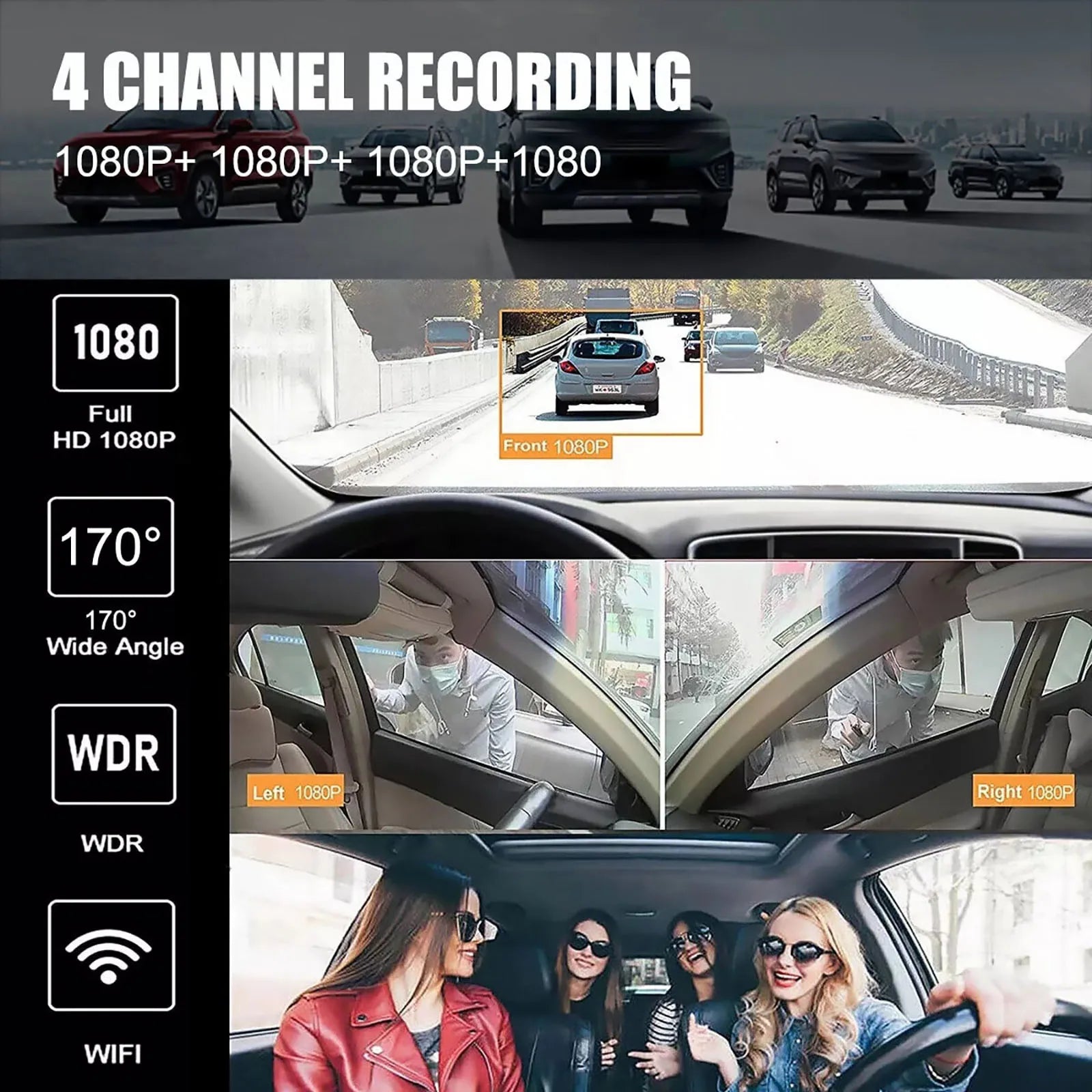 Car DVR Dash Cam Wifi FHD 4 Lens 1080P Dashboard Camera 24H Parking
