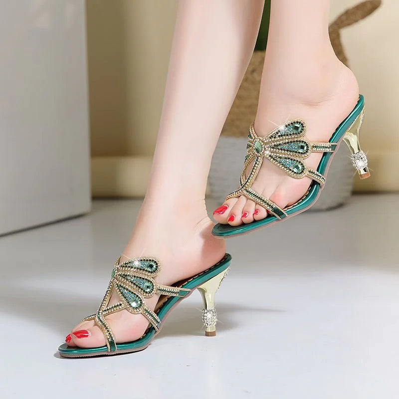 Summer Rhinestone Sandals Leather Glitter Women Open Toe Heels Party Zpaxo