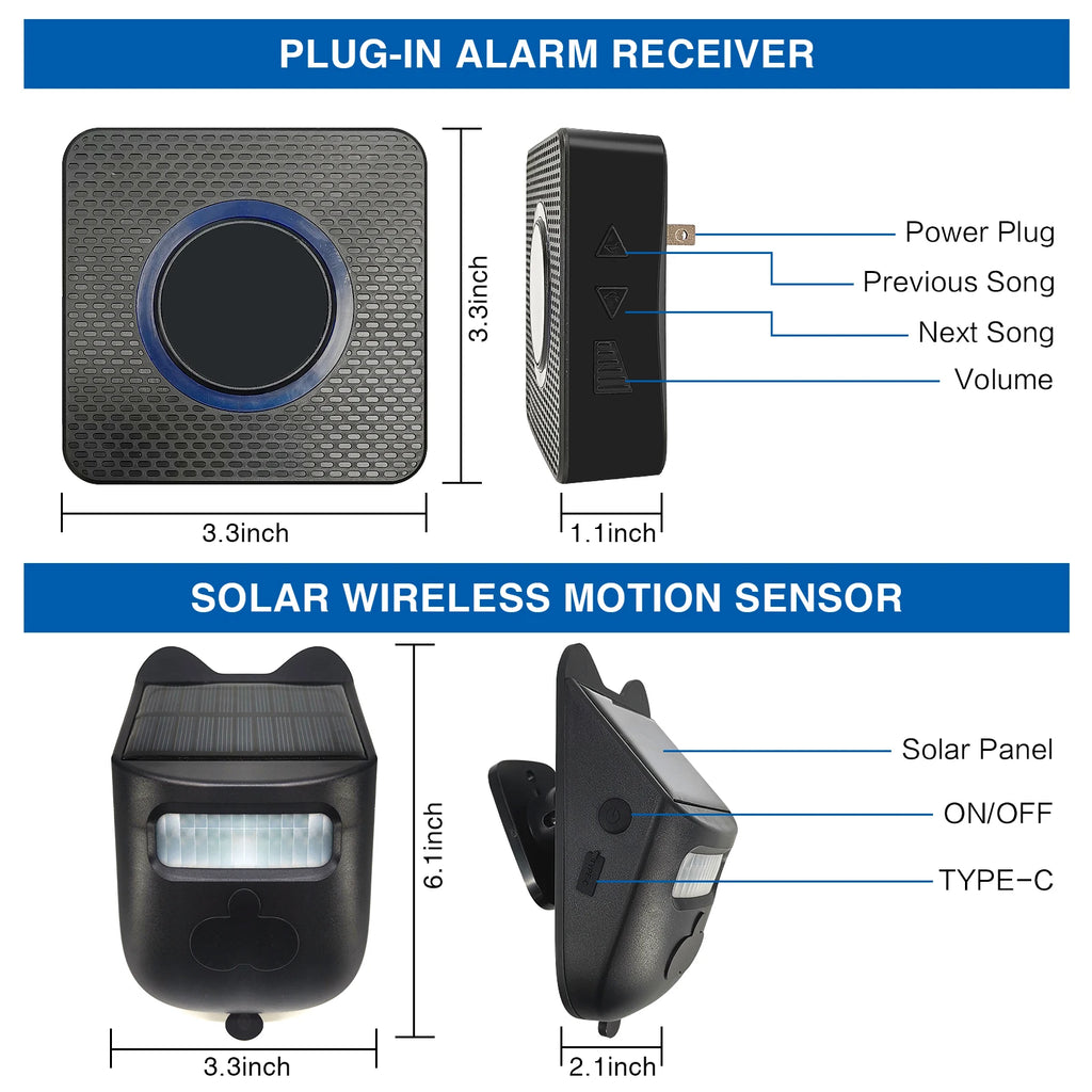 Wireless Motion Sensor Detector 52ft 120° Range, IP65 Solar Driveway Alarm Ring Alarm System Extensible for Home Security Zpaxo
