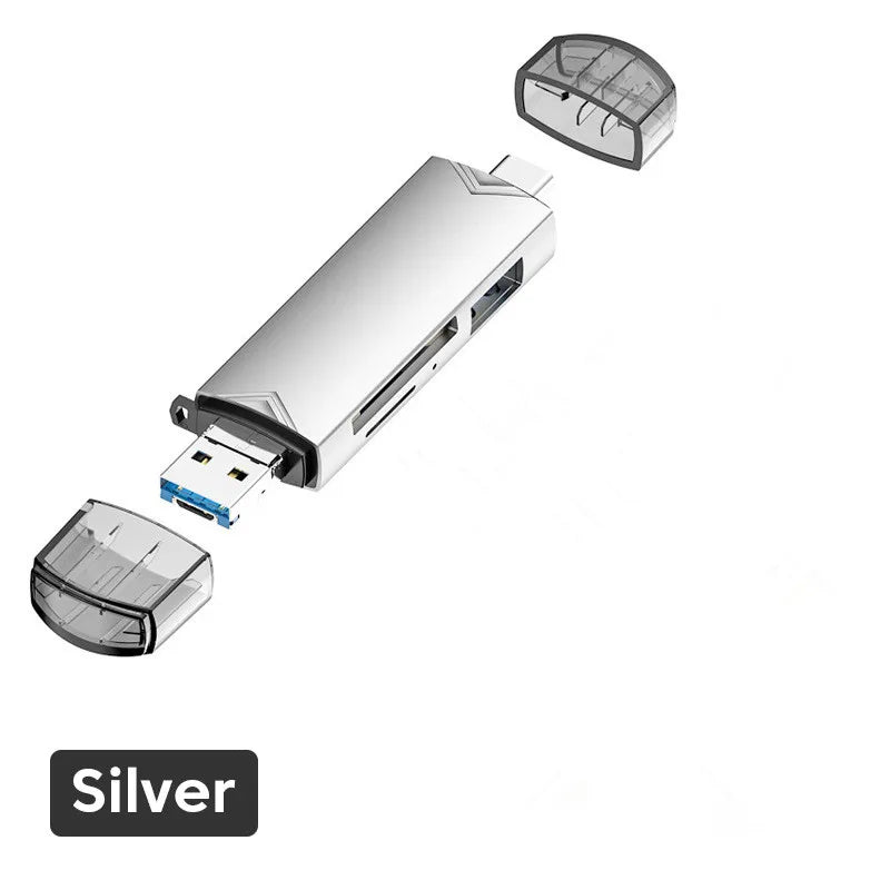 6 in 1 Card Reader Multifunctional Metal TF/SD Card Adaper USB 3.0 Type C Micro USB Memory Card Readers for Phone Laptop Macbook Zpaxo Silvery